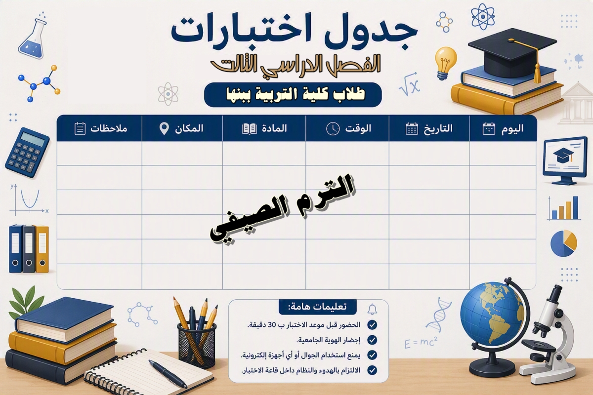 جداول اختبارات الفصل الدراسي الثالث للعام الجامعي 2025–2026 (فصل الصيف)
